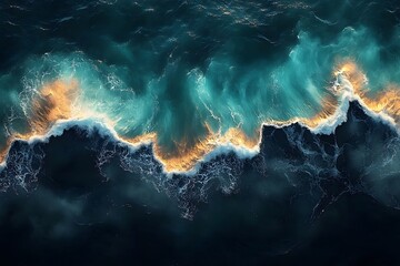Fototapeta premium Aerial View of Crashing Ocean Waves at Sunrise for Coastal Art and Design