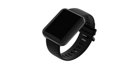 Black smartwatch with rectangular display and silicone band isolated on transparent background