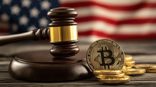 A gavel rests on a wooden surface with Bitcoin coins, symbolizing legal regulation of cryptocurrency in the U.S