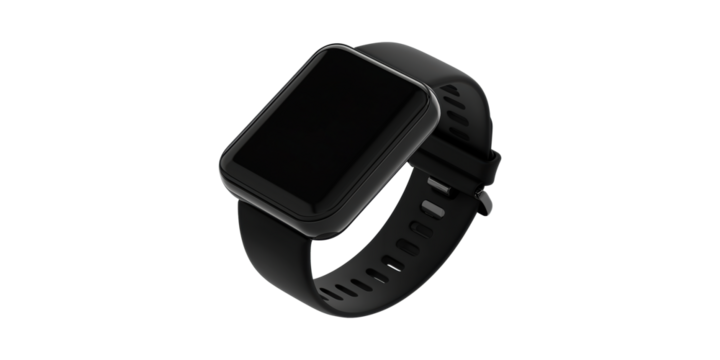 Black smartwatch with rectangular display and silicone band isolated on transparent background - Powered by Adobe