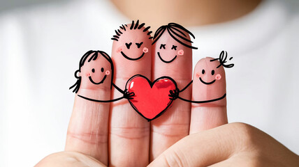 A close-up of four fingers with adorable hand-drawn smiley faces and arms, forming a cute and heartwarming family illustration