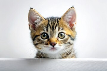 Obraz premium Cute Tabby Kitten Peeking Over White Surface - Adorable Pet Photography