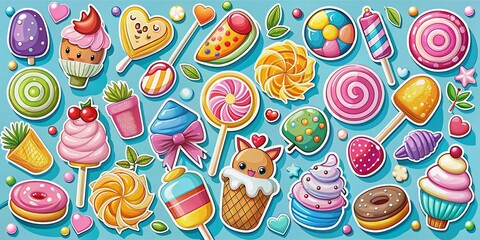 Fototapeta premium Cute Sweets Candy Sticker Set: Jelly, Candy, Wafer, Cookie, Marshmallow, Lollipop Illustrations