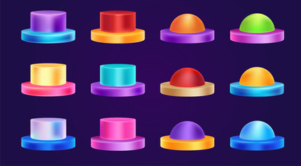 Set of vector colorful buttons. 3d design. Elements for game design. Start. Play. Go. Vector illustration. Icon set.