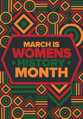 Fototapeta premium Women's History Month. Celebrated annual in March, to mark women’s contribution to history. Female symbol. Women's rights. Girl power in world. Poster, postcard, banner. Vector illustration