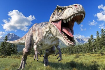 Naklejka premium 3D rendering of an adult Tyrannosaurus rex standing in the grasslands with trees and mountains behind it