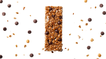 Cereal bar with chocolate chips and oat flakes falling on transparent background
