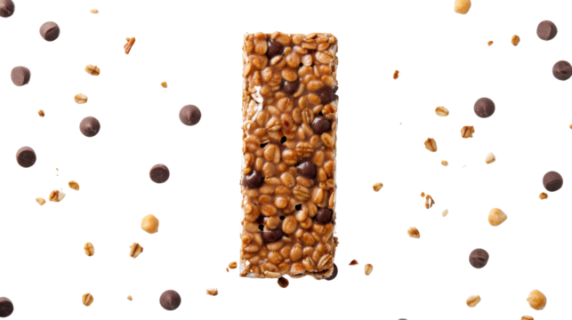 Cereal bar with chocolate chips and oat flakes falling on transparent background