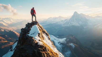 A man, clad in hiking gear, stands triumphantly atop a majestic mountain peak, the wind whipping through his hair and the vast expanse of the Alps stretching out before him. His face is etched with