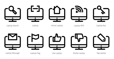 A set of 10 laptop icons as laptop search, laptop, home laptop