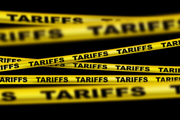 Yellow Tape Tariffs on Black Background. Economic Trade War. America Introduces Tariffs on Imports....
