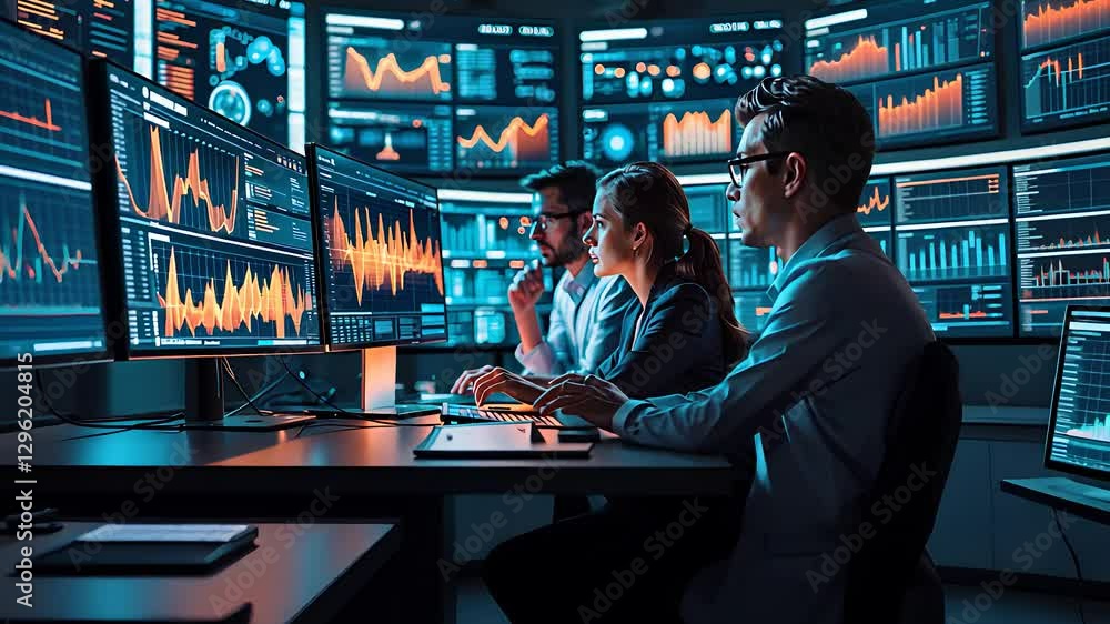 Poster financial analysts monitoring real-time stock market data on multiple screens in a high-tech trading