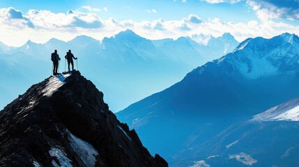 Two hikers stand atop a mountain peak, triumphant and exhilarated, their silhouettes framed against the breathtaking panorama of snow-capped peaks and azure skies. The image symbolizes perseverance,