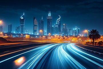Night cityscape with towering skyscrapers and streaks of light from moving traffic, captured with long exposure. Perfect backdrop for automotive advertisements and urban development themes.