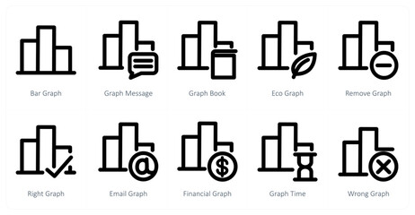 A set of 10 bar graph icons as bar graph, graph message, graph book
