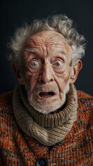 Surprised Elderly Man with Sculpted Features in Vintage Sweater - Expressive Senior Photography
