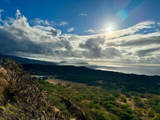 Summer mountain Hawaiian landscape with blue skies and clouds