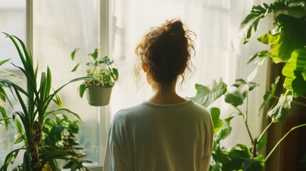Rare illness patient tending to plants in a peaceful room. Featuring healing through nature