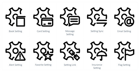 A set of 10 settings icons as book setting, card setting, message setting