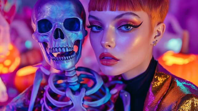 A woman with spooky skull, halloween celebration