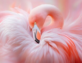 Fototapeta premium Flamingos in a couple, with pink feathers, close-up of their heads and beaks, in soft light, against a romantic background, in a natural environment, captured 