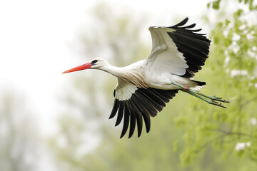 Obraz premium White stork in flight with natural green background, wildlife scene