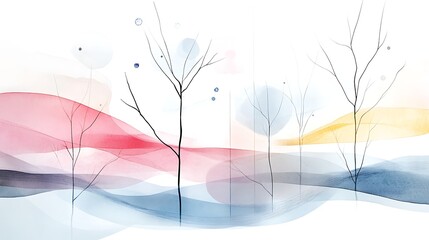 Abstract Watercolor Landscape Serene Pastel Trees and Flowing Watercolors