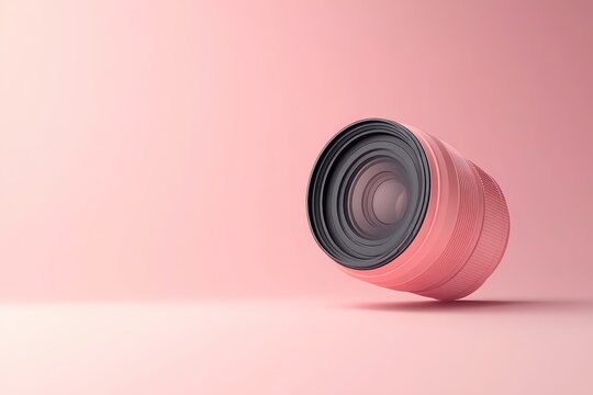A pink camera lens levitates against a soft pink background