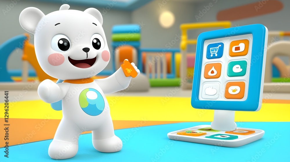 Poster cheerful 3d animated bear character enthusiastically displaying bright flashcards with various food 