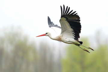 Obraz premium White stork in flight with natural green background, wildlife scene