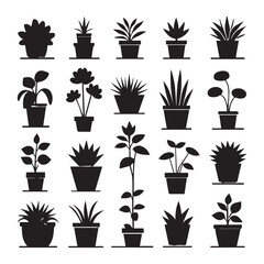 Potted plant silhouette vector illustration set white Background.