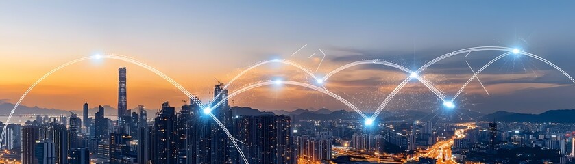 Futuristic skyline of a booming commercial real estate hub with towering skyscrapers modern architecture and a vibrant connected cityscape during a stunning sunset or sunrise