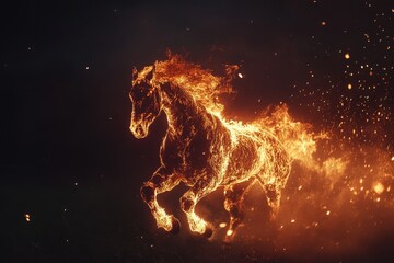 Fototapeta premium Majestic fiery steed galloping through the dark night, illuminating the surroundings with its radiant flames