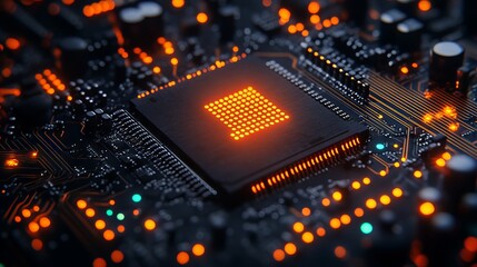 3d rendered futuristic server with printed circuit board design – advanced code processing on a vibrant orange, green & blue technology background with bokeh effects