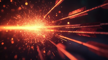 In a dynamic 3D rendering, a volley of arrows arcs towards a target, symbolizing ambition, success, and growth as the arrows pierce the target, leaving behind a trail of sparks that represent the