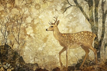 Obraz premium Majestic deer wanders through a mystical forest adorned with vibrant patterns and warm hues at dusk