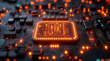 3d rendered futuristic server with printed circuit board design – advanced code processing on a vibrant orange, green & blue technology background with bokeh effects