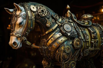 Fototapeta premium Steampunk horse sculpture adorned with intricate gears and metallic details in an artistic display