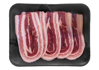 Fresh pork belly for grilling, bacon slices packaged in black plastic tray isolated