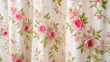 Delicate Rose Floral Curtain Fabric, Pastel Pink Lace, White Background - Stock Photo