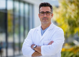 Portrait of a handsome male doctor standing with arms crossed in front, looking at the camera and smiling against the background