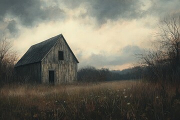 Fototapeta premium Rustic wooden barn stands alone in a serene field under a moody sky at twilight