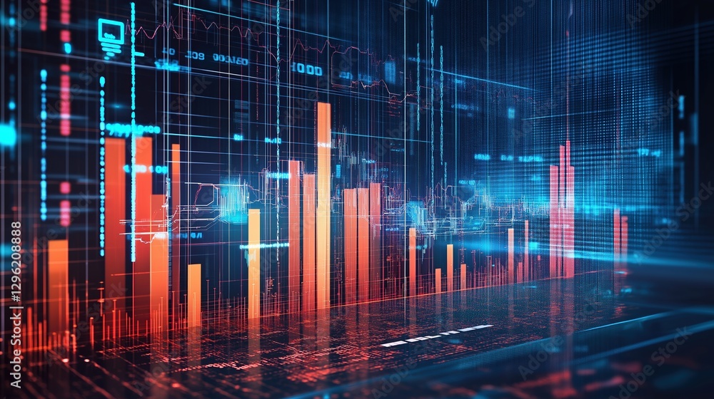 Poster futuristic digital growth chart showcasing ai adoption trends with rising bar graphs and neural netw