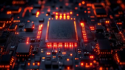 3d rendered futuristic server with printed circuit board design – advanced code processing on a vibrant orange, green & blue technology background with bokeh effects