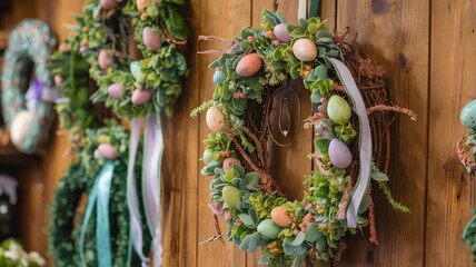 Beautifully hand-crafted floral wreath with easter eggs and greenery, great for seasonal home decor inspiration, festive event promotions, and springtime invitations