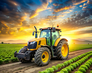 Obraz premium Yellow Tractor in a Field at Sunset
