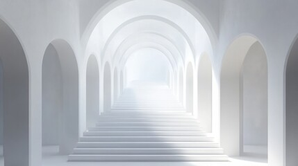 Fototapeta premium Empty white arched hallway with steps leading to light. Use for architecture, design, or interior concept
