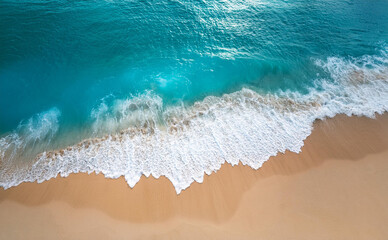 Summer seascape beautiful waves, Aerial view of turquoise ocean wave reaching the coastline. Top shot of a beach, nice sand, blue turquoise water with copy space for design. Summer holiday vacation