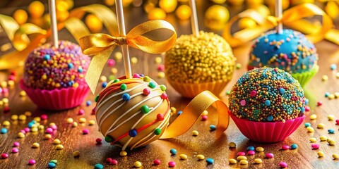 Delicious Cake Pops on Gold Ribbon Confetti Background - Festive Dessert Stock Photo