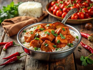 Fototapeta premium Delicious Chicken Tikka Masala with Rice and Spices - Candid Food Photography